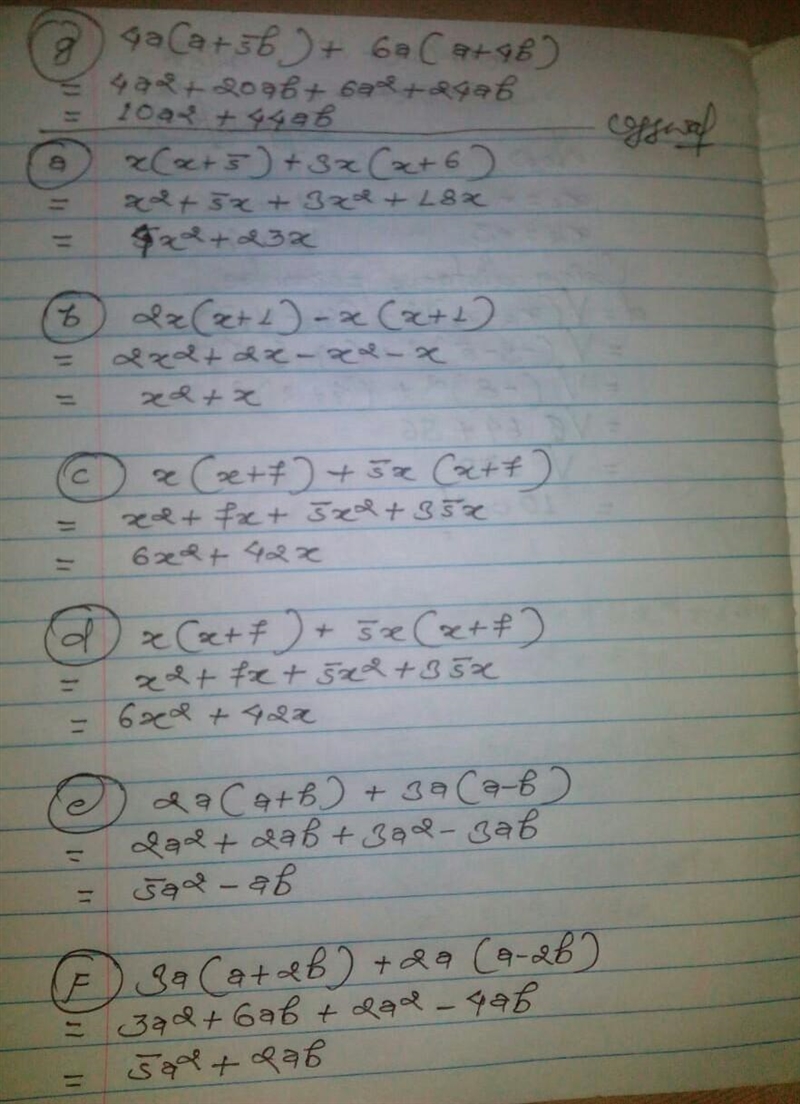 Simplify : (step -by -step explation ) a)x (x+5)+3x(x+6) b) 2x(x+1)-x(x+1) c) x (x-example-1