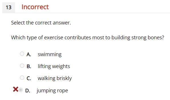 Which type of exercise contributes most to building strong bones? A swimming B. lifting-example-1