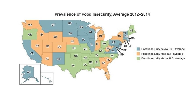 According to the map, which states have an above average prevalence of food insecurity-example-1