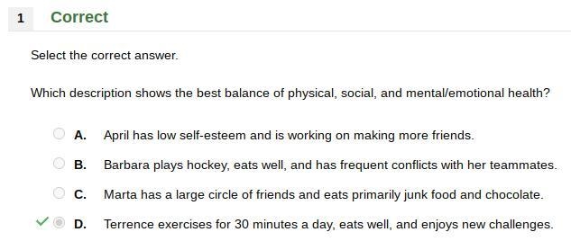 Which description shows the best balance of physical, social, and mental/emotional-example-1