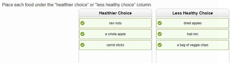 Place each food under the "healthier choice" or "less healthy choice-example-1