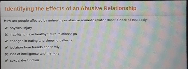 How are people affected by unhealthy or abusive romantic relationships? Check all-example-1