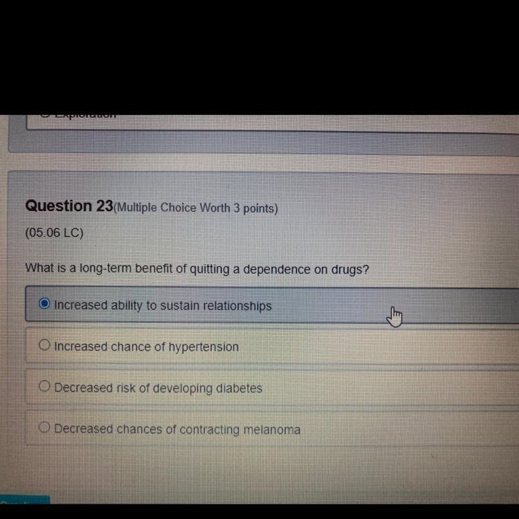 HELP ASAP! What is a long term benefit of quitting a dependence on drugs-example-1