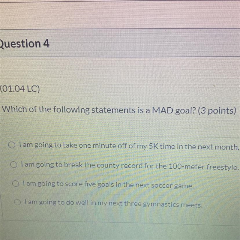 Which of the following statements is a MAD goal?-example-1