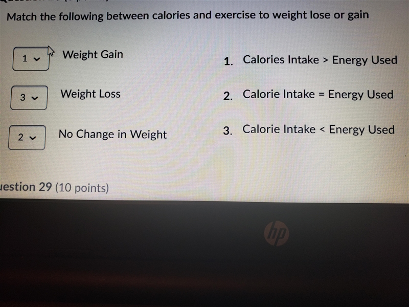 Match the following between calories and exercise to weight lose or gain-example-1