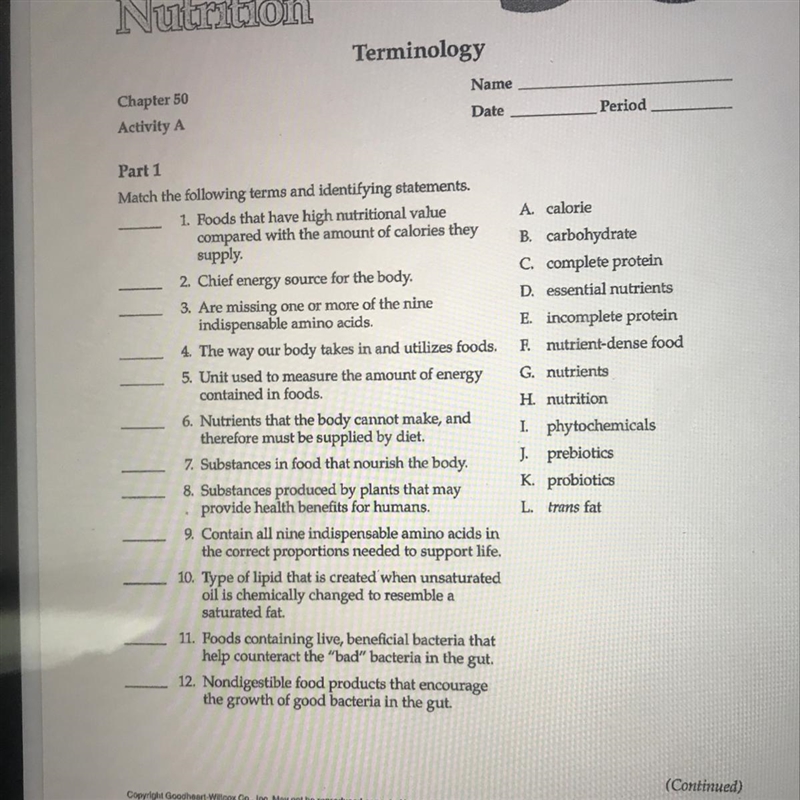 Activity A Date A calorie Part 1 Match the following terms and identifying statements-example-1