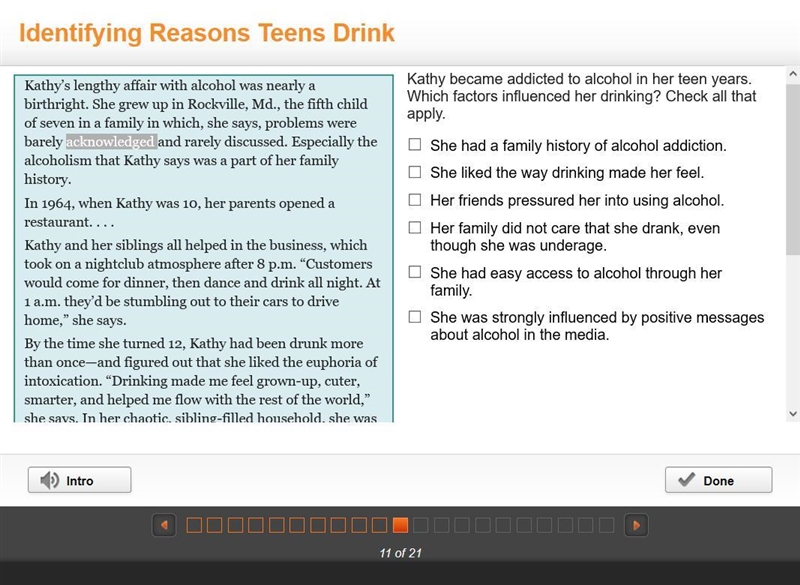 Kathy became addicted to alcohol in her teen years. Which factors influenced her drinking-example-1