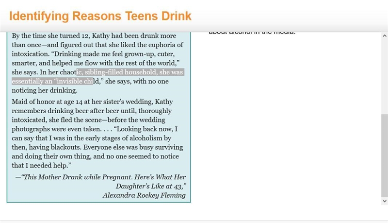 Kathy became addicted to alcohol in her teen years. Which factors influenced her drinking-example-2