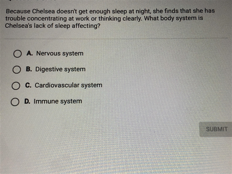 Because Chelsea doesn't get enough sleep at night, she finds that she has trouble-example-1