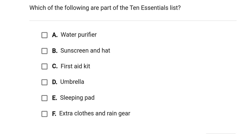 Which of the following are part of the Ten Essentials list-example-1