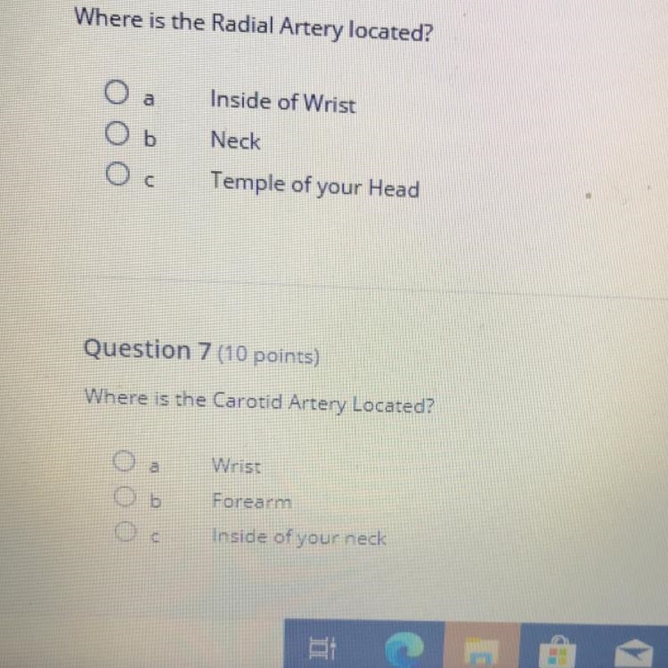 Where is the Radial Artery located? A) Inside of Wrist B) Neck C) Temple of your Head-example-1