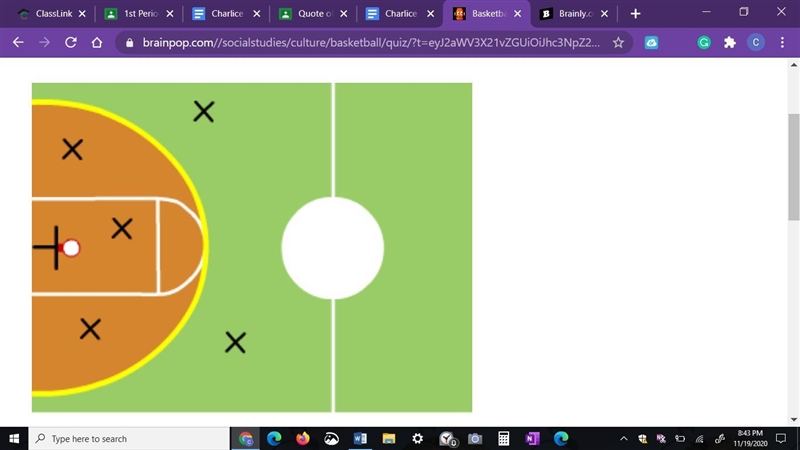 A player makes shots from these five spots on the court. How many points does she-example-1