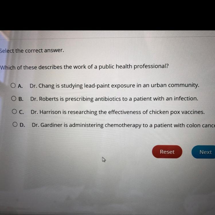 Which of these describes the work of a public health professional?-example-1