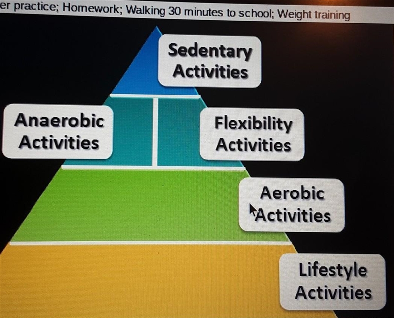 List the following four activities in the order they go in the physical activity pyramid-example-1