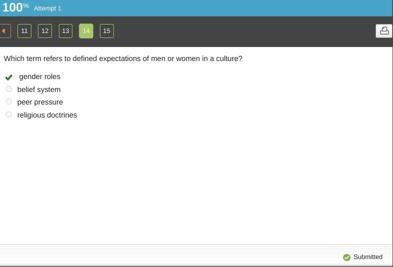 Which term refers to defined expectations of men or women in a culture? gender roles-example-1