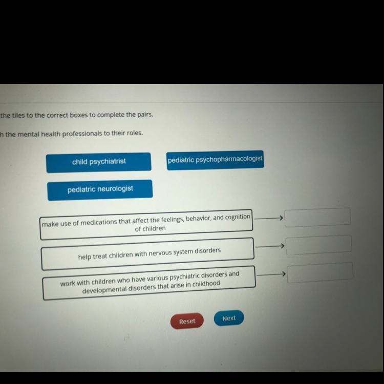 Match the mental health professionals to their roles. child psychiatrist pediatric-example-1