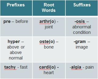 Use the information in the chart to answer the question. Common Word Parts in Medical-example-1