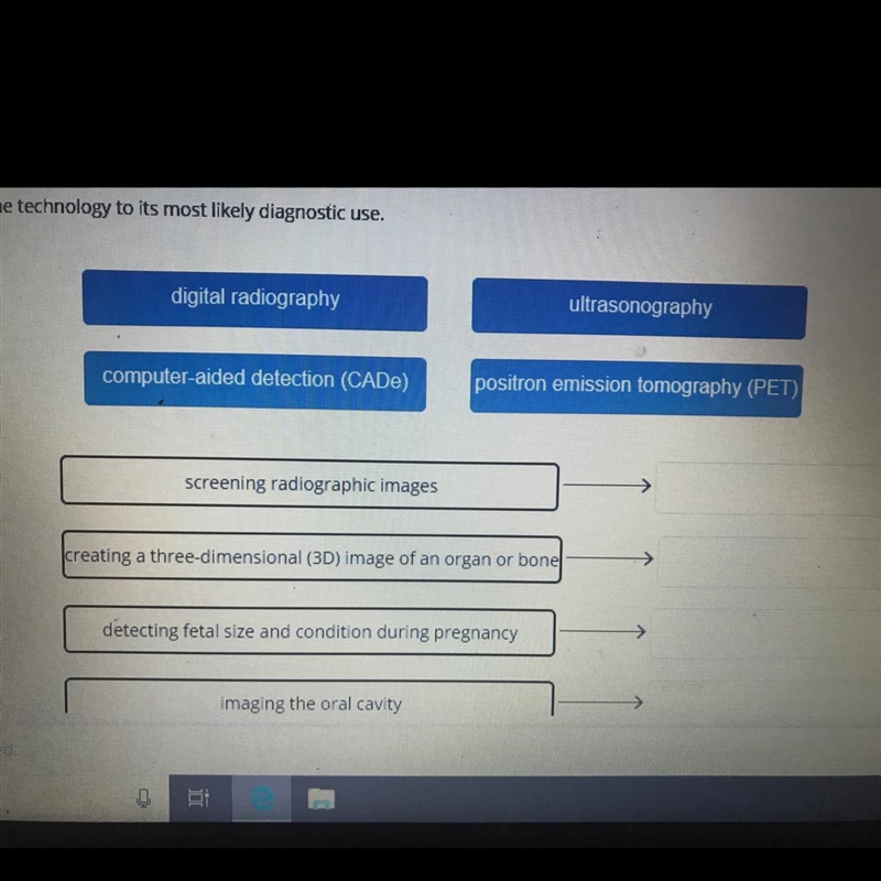 Drag each tile to the correct box. Match the technology to its most likely diagnostic-example-1