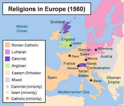 The map shows the spread of religions across Europe in the 1500's. Based on the map-example-1