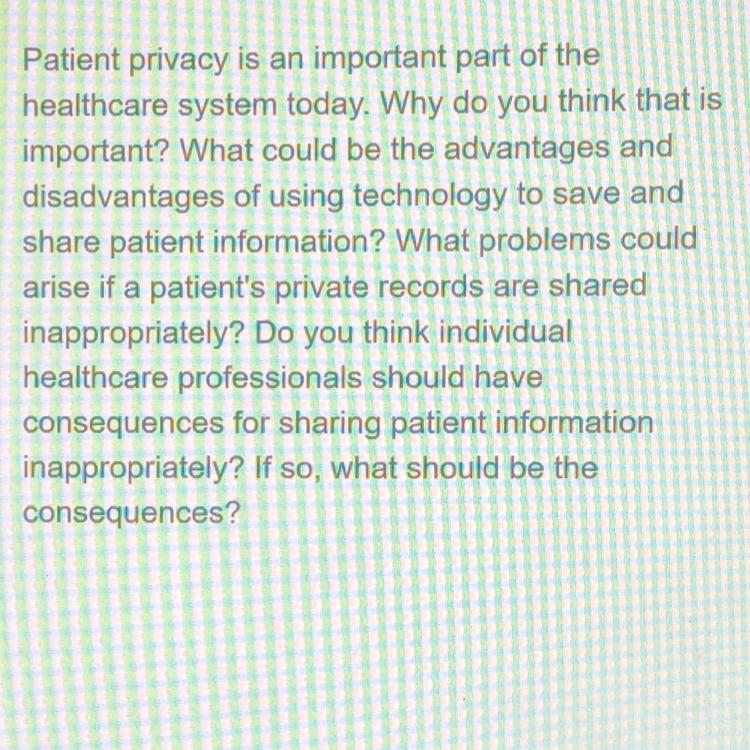 Patient privacy is an important part of the healthcare system today. Why do you think-example-1