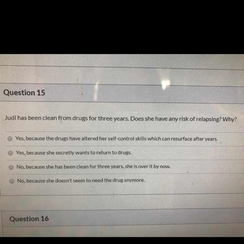 Judi has been clean from drugs for three years. Does she have any risk of relapsing-example-1