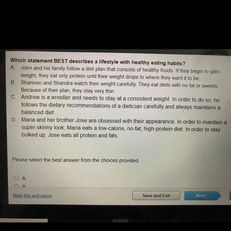 Which statement BEST describes a lifestyle with healthy eating habits?-example-1