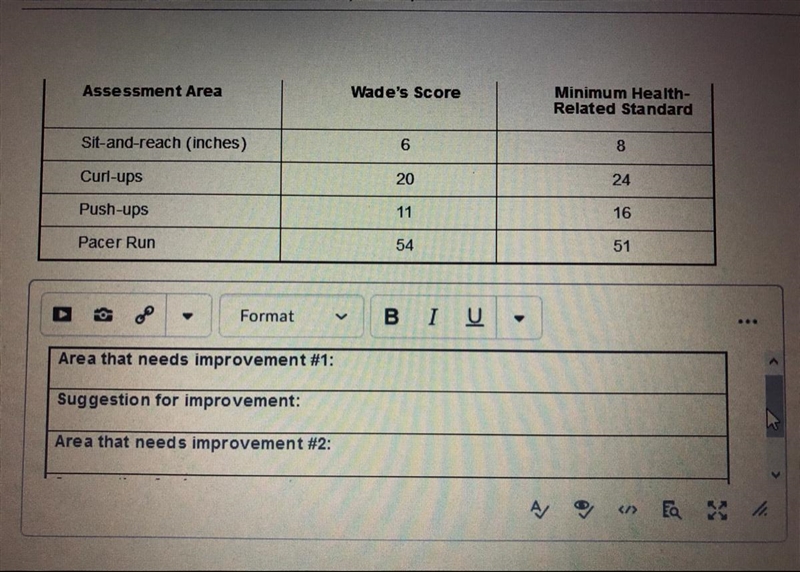 Analyze the following fitness testing scores. Choose two areas that need to improve-example-1