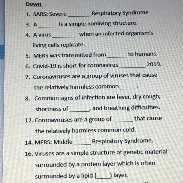 I have to do a crossword about the coronavirus, does anyone know the answers to any-example-1