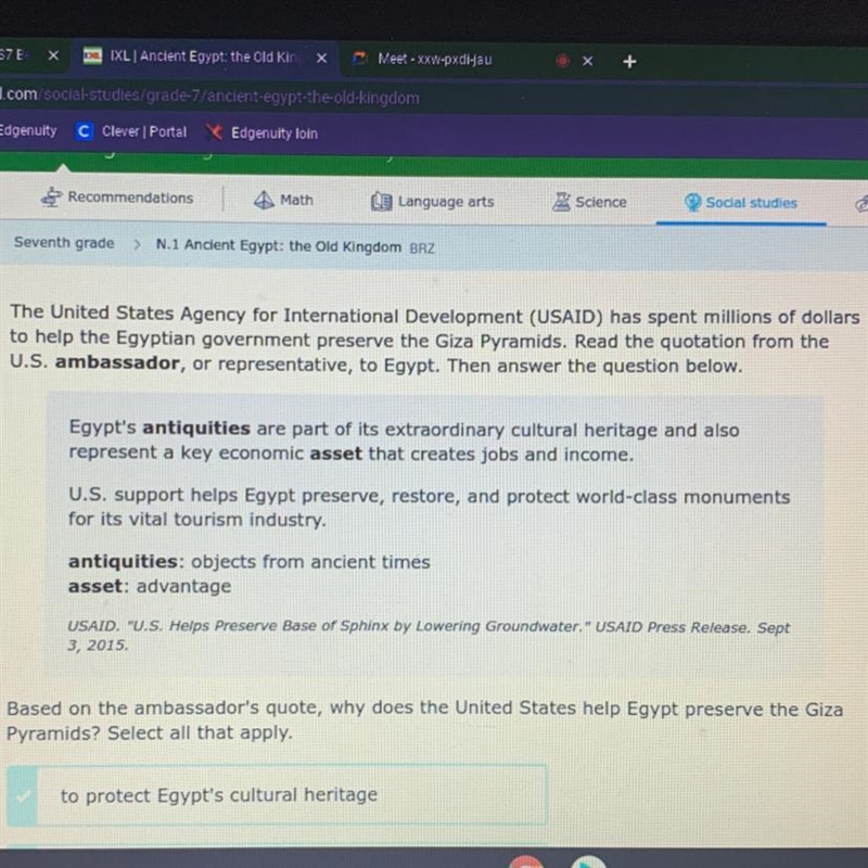 Based on the ambassador's quote, why does the United States help Egypt preserve the-example-1