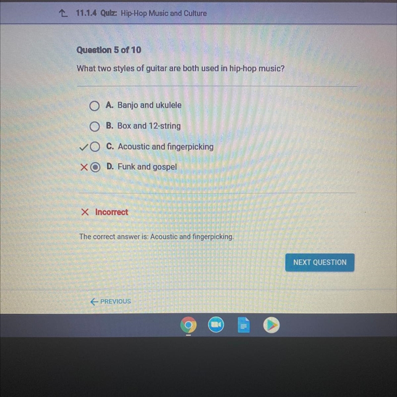 Question 5 of 10 What two styles of guitar are both used in hip-hop music? A. Banjo-example-1