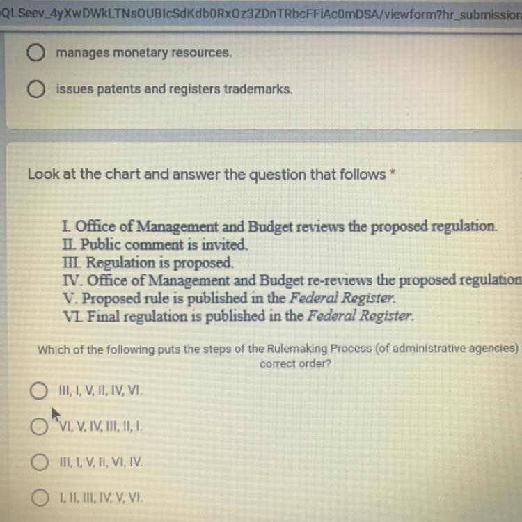 Which of the following puts tthe step of the rulemaking process of administrative-example-1