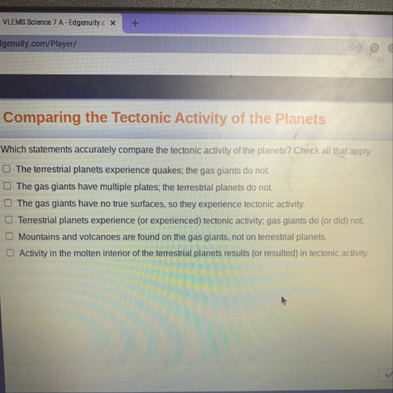 Which statements accurately compare the tectonic activity of the planets check all-example-1