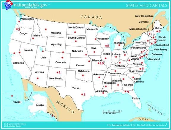 Map of the United States labeled with state names and either stars or numbers and-example-1