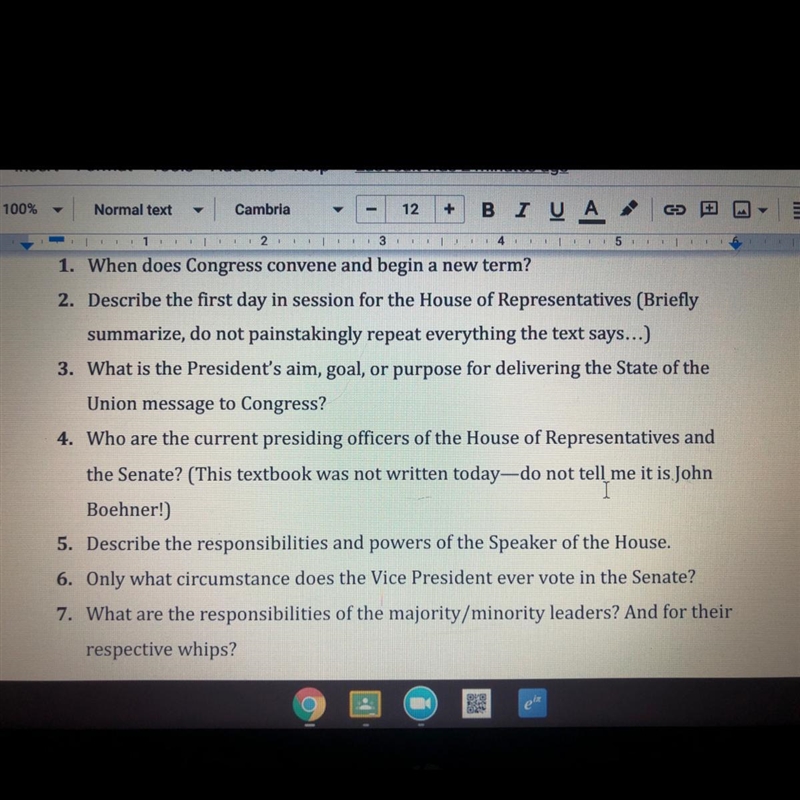 1. When does Congress convene and begin a new term? 2. Describe the first day in session-example-1