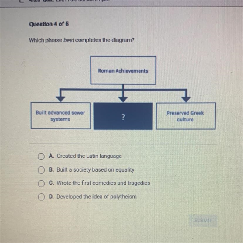 Which phrase best completes the diagram? Roman Achievements Built advanced sewer systems-example-1