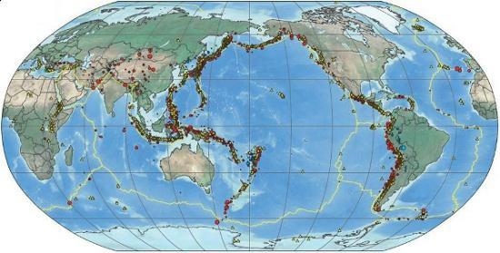 Analyze the map below and answer the question that follows. Earthquakes worldwide-example-1