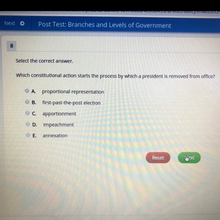 Which consitutional action starts the process by which a president is removed from-example-1