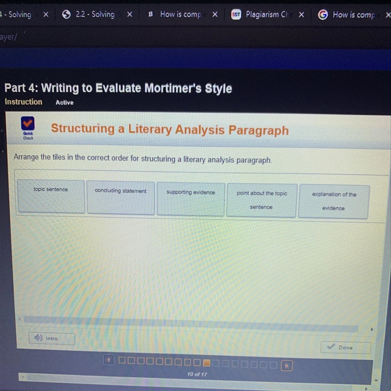 Arrange the tiles in the correct order for structuring a literary analysis paragraph-example-1