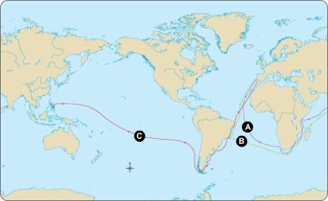 Which letter shows the route of Vasco da Gama? A B C-example-1