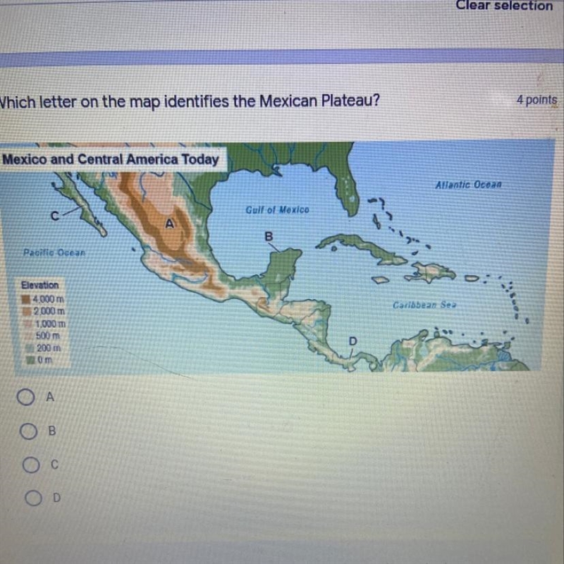 Which letter on the map identifies the Mexican Plateau-example-1