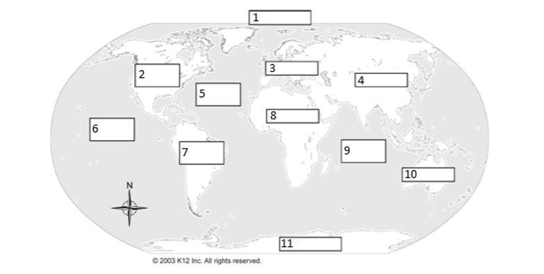 1. On the map below, label the seven continents and four oceans in the boxes provided-example-1