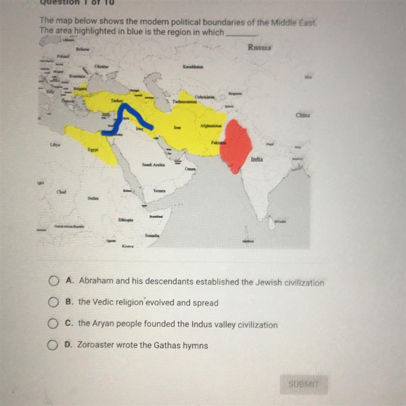 The map below shows the modern political boundaries of the Middle East. The area highlighted-example-1