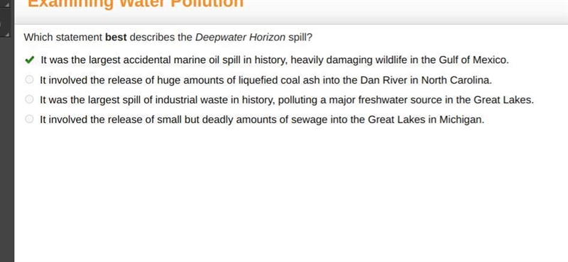 Which statement best describes the Deepwater Horizon spill? It was the largest accidental-example-1