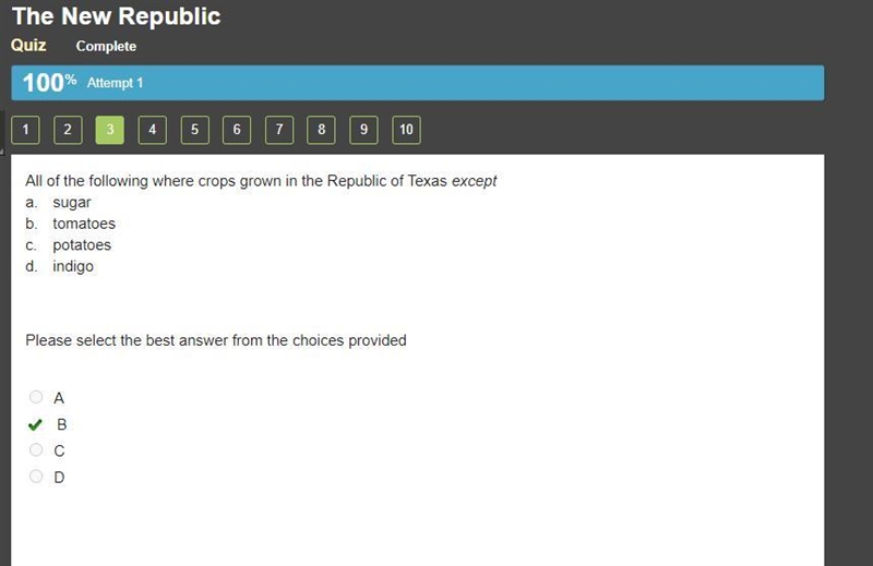 All of the following where crops grown in the Republic of Texas except a. sugar b-example-1