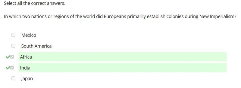 In which two nations or regions of the world did Europeans primarily establish colonies-example-1