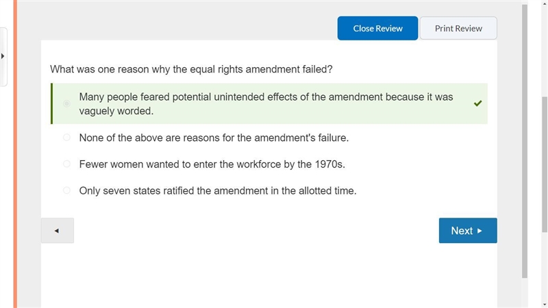 Q What was one reason why the equal rights amendment failed? A. Fewer women wanted-example-1