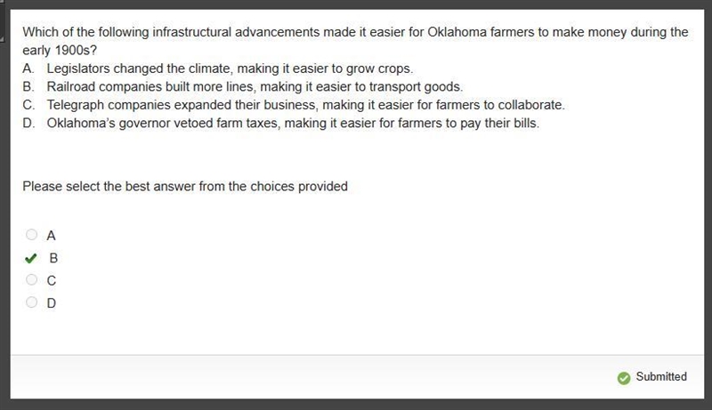 Which of the following infrastructural advancements made it easier for Oklahoma farmers-example-1