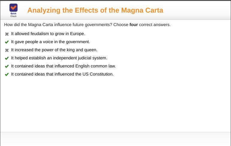 How did the Magna Carta influence future governments? Choose four correct answers-example-1