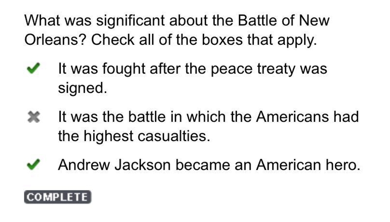 What was significant about the Battle of New Orleans? Check all of the boxes that-example-1