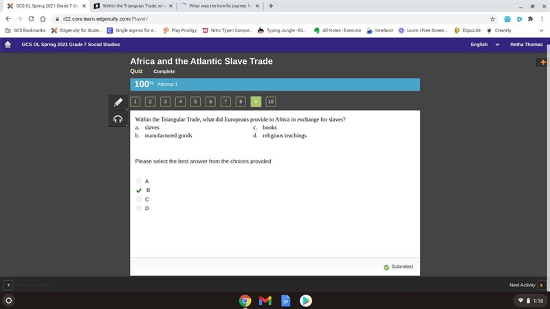 Within the Triangular Trade, what did Europeans provide to Africa in exchange for-example-1